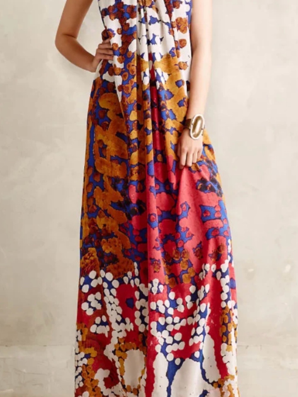 Roopa Pemmaraju Silk Halter Maxi Dress Multicolor, Abstract Print w/pockets Sz 8